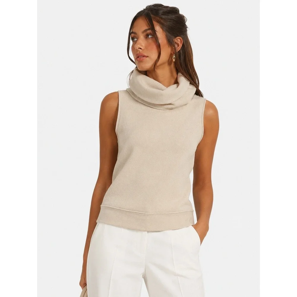 Donna Karan Collection Beige 100% Cashmere Sleeveless Turtleneck Sweater M